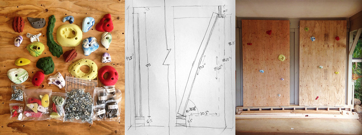 climbing holds, rough plans and the two panels against the wall